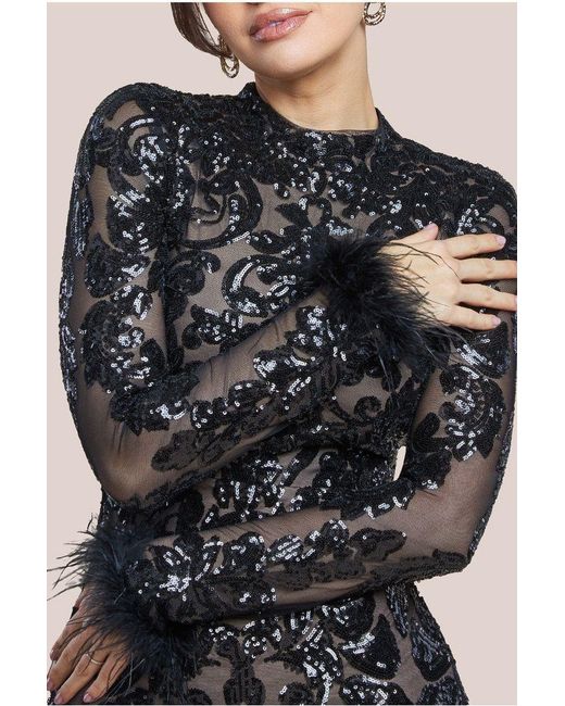 Goddiva Purple Sequin High Neck Feather Cuff Maxi Dress