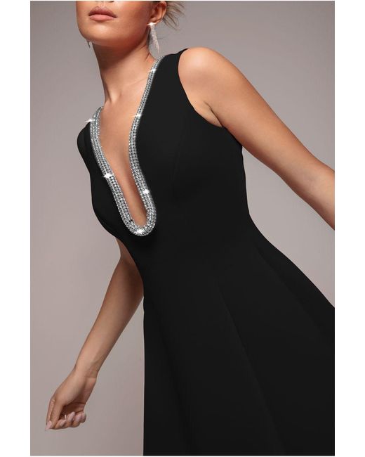 Goddiva Blue Diamante Embellished Neck A-Line Midi Dress