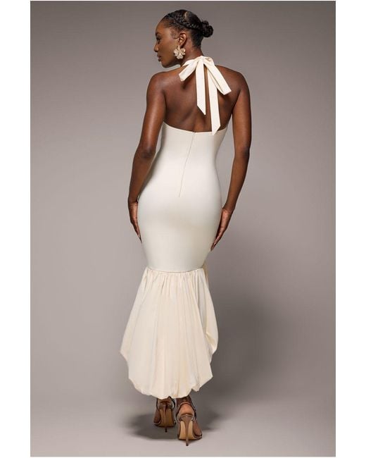Goddiva Natural Halter Neck Puff Hem Mermaid Midaxi Dress