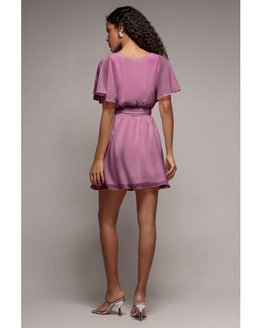 Goddiva Pink Flutter Sleeve Wrap Mini Dress With Elasticated Waist
