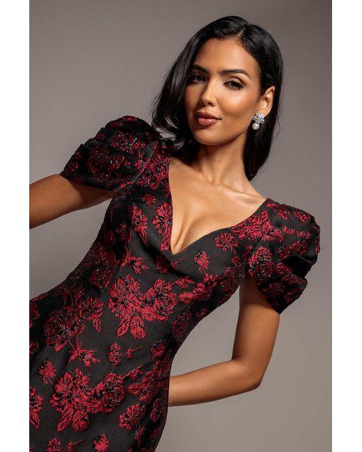 Goddiva Brown Plunging Neck Pleated Sleeve Jacquard Mini Dress