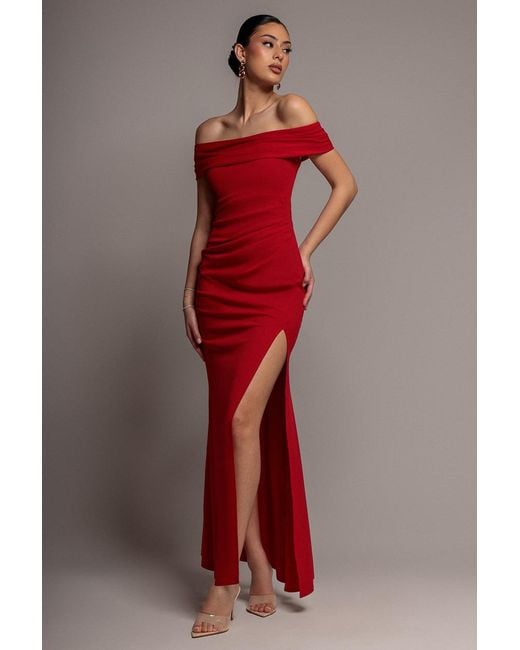 Goddiva Red Off The Shoulder Maxi Dress With Split