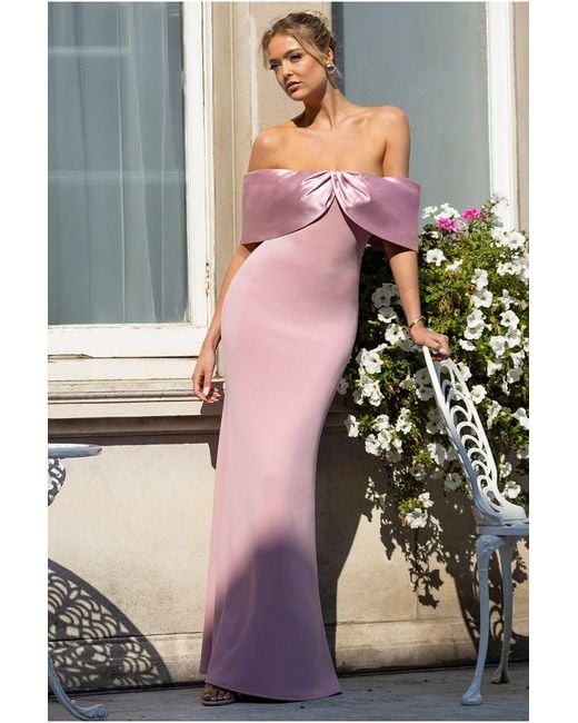 Goddiva Pink Twist Knot Satin & Scuba Bardot Maxi Dress
