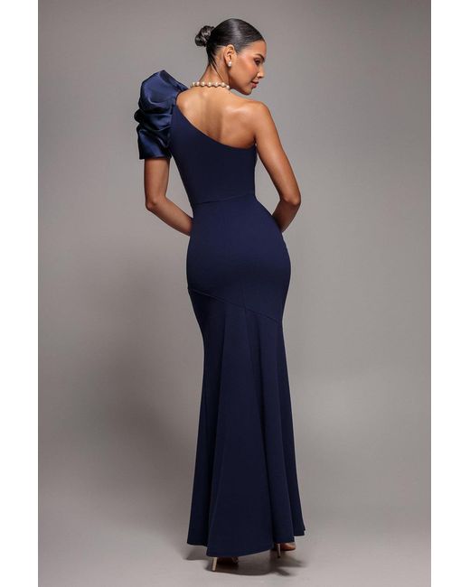 Goddiva Blue One Shoulder Puffed Satin Sleeve Evening Maxi Dress