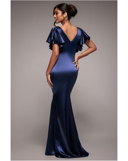 Goddiva Blue Satin Flutter Sleeve Mermaid Maxi