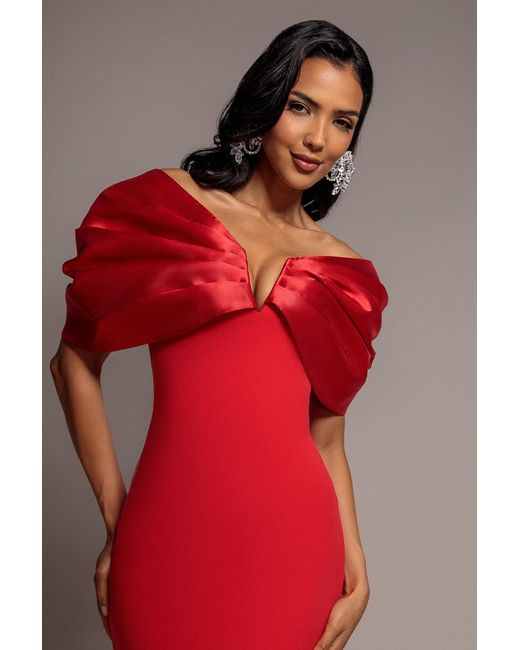 Goddiva Red Satin Plunge Neck Bardot Scuba Maxi Dress