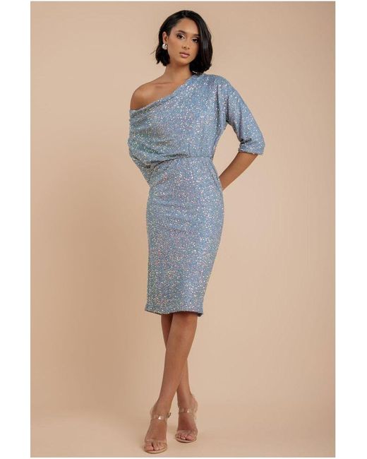 Goddiva Blue Sequin Cowl Neck Midi Dress