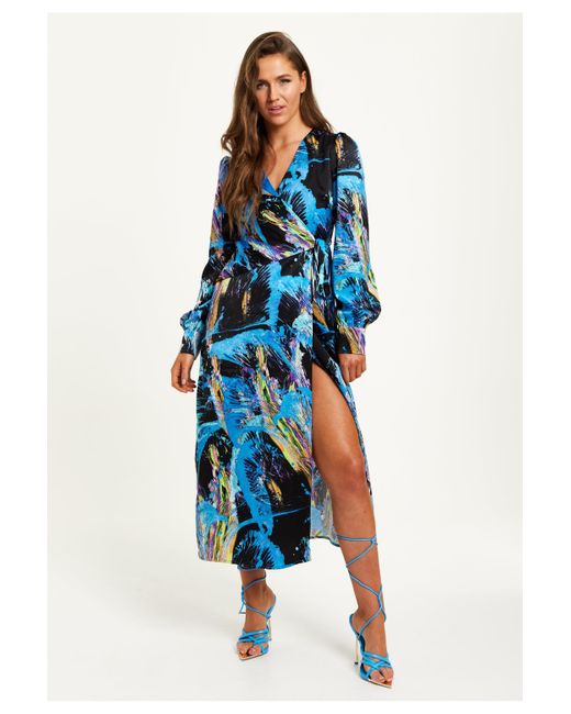 Liquorish Abstract Print Midi Wrap Dress in Blue | Lyst