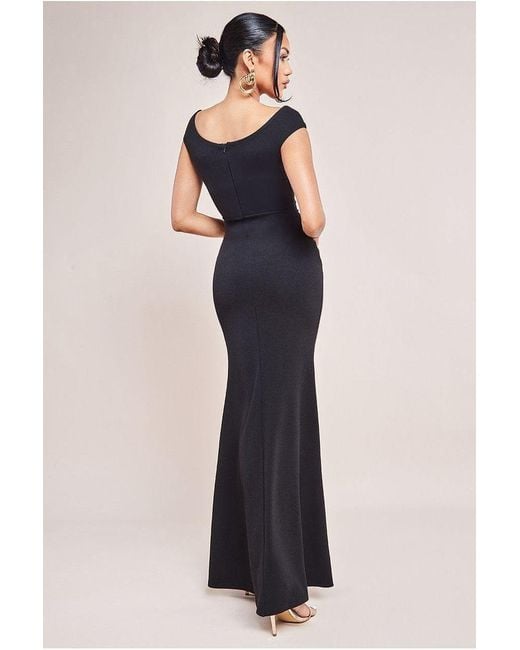 Goddiva Blue Bardot Pleated Maxi With Metal Trim Maxi Dress