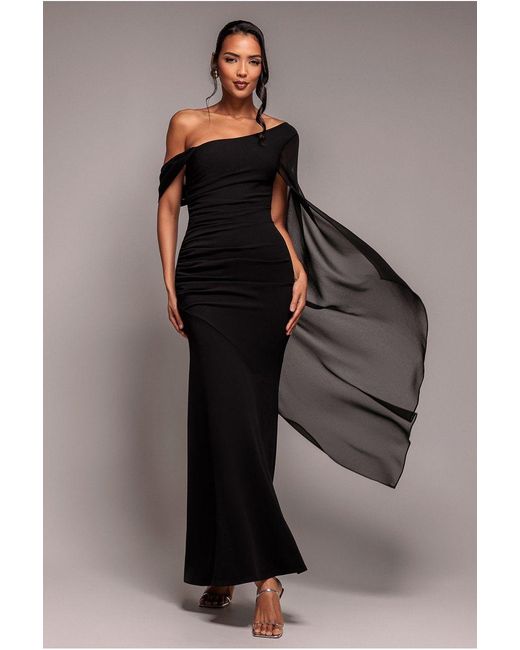 Goddiva Black One Shoulder Cape Scuba & Chiffon Maxi Dress