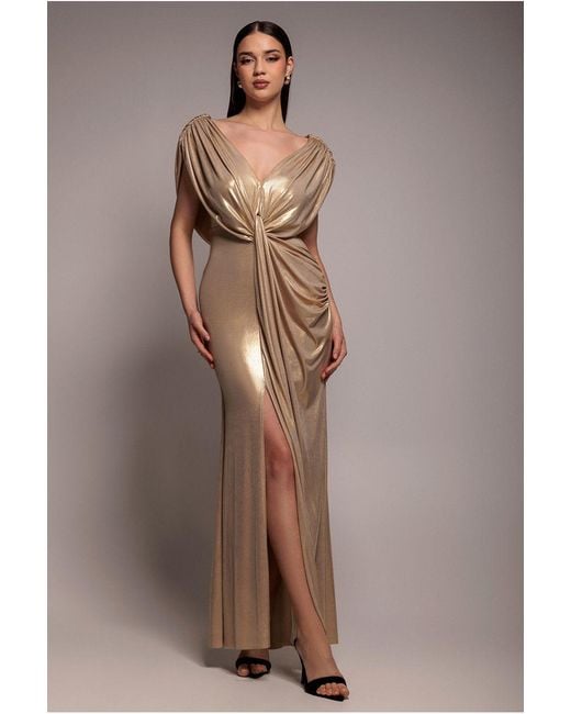 Goddiva Gray Cowl Plunge Draped Foil Maxi Dress