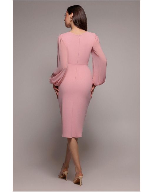 Goddiva Pink Scuba & Chiffon Balloon Sleeve Wrap Midi Dress