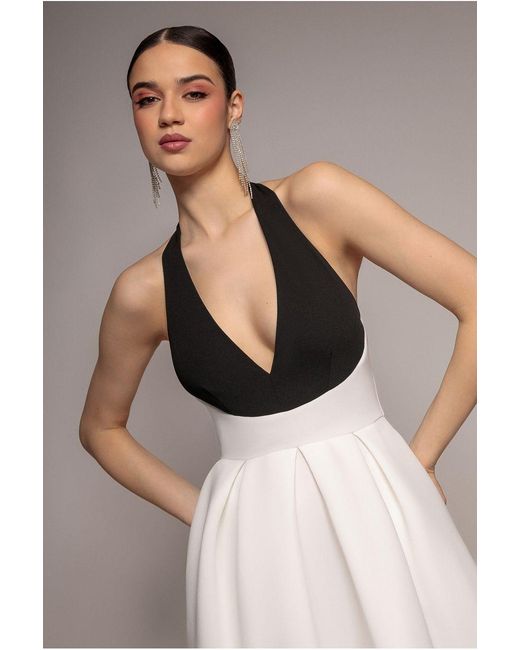Goddiva White Contrast Halter Neck Pleated A Line Midaxi Dress