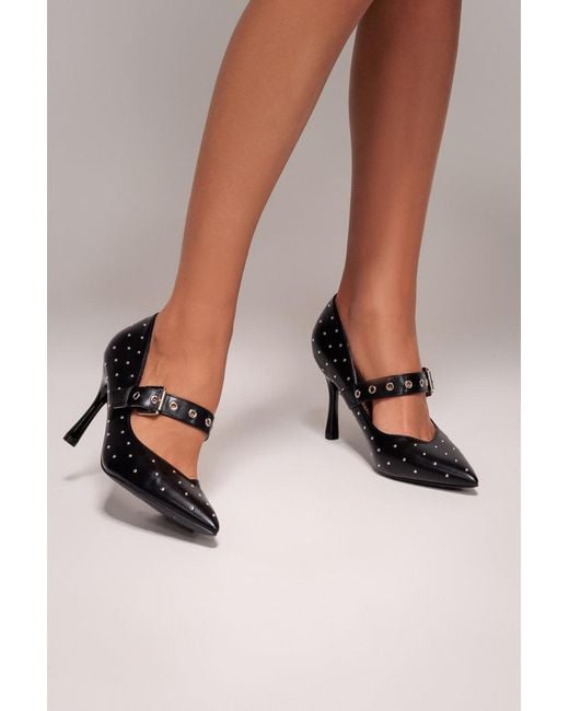 Goddiva Black Embellished Pointed Mary Jane Heeled Shoes