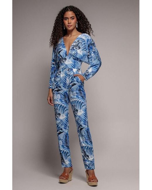 Goddiva Blue Tropical Print Jumpsuit