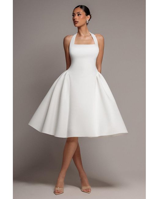 Goddiva Gray Corset Fit And Flare Halter Neck Midi Dress
