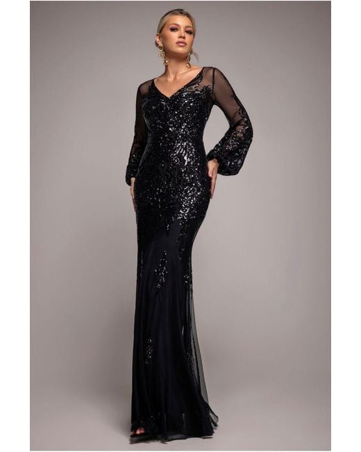 Goddiva Black Embellished Sequin Bishop Sleeve Maxi Dress