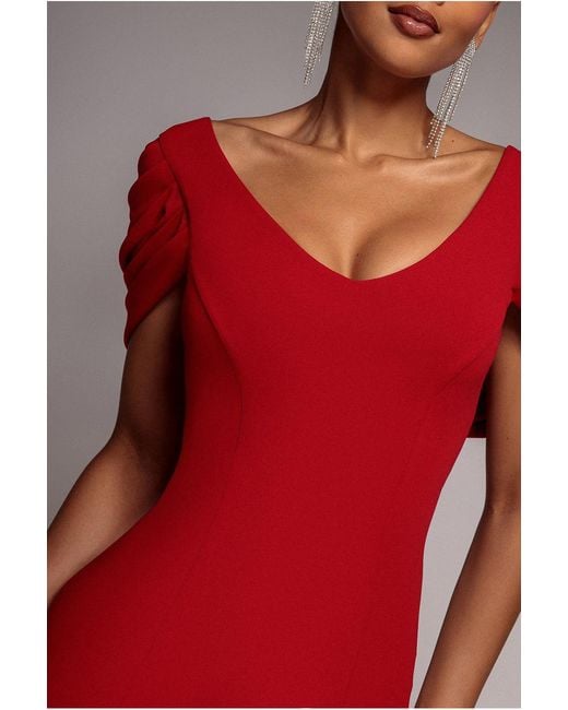Goddiva Red V Neck Cowl Back Pleated Sleeve Scuba Maxi Dress