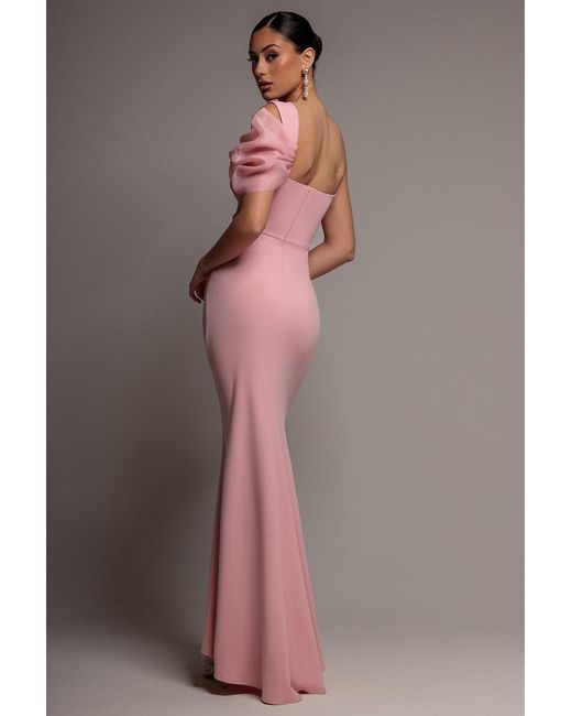 Goddiva Pink Organza Bow One Shoulder Scuba Crepe Maxi Dress