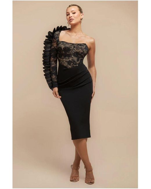 Goddiva Black One Shoulder Organza Fan Detail Lace Bodice Midi Dress