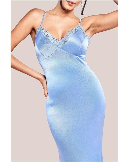 Goddiva Blue Lace Neck Satin Twill Maxi Dress