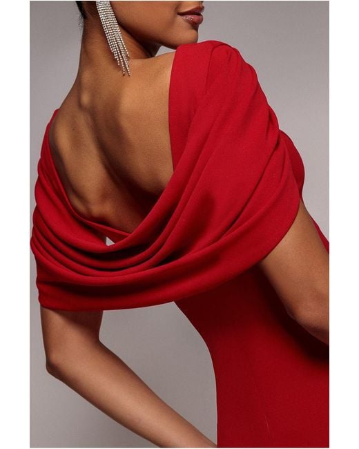 Goddiva Red V Neck Cowl Back Pleated Sleeve Scuba Maxi Dress
