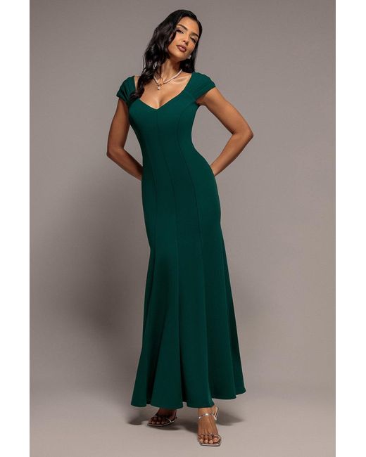 Goddiva Green Capped Sleeve V Neck Pleated Fit & Flare Maxi Dress