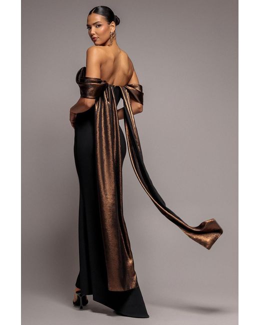 Goddiva Gray Off The Shoulder Mirror Foil Angel Wing Cape Maxi Dress