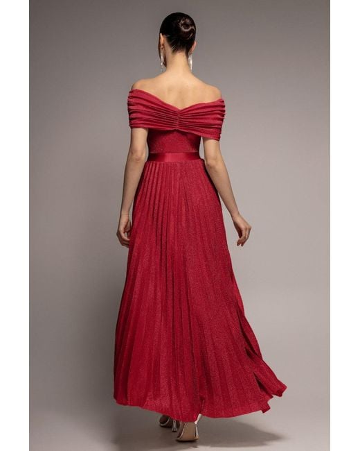 Goddiva Red Bardot Pleated Skirt Maxi
