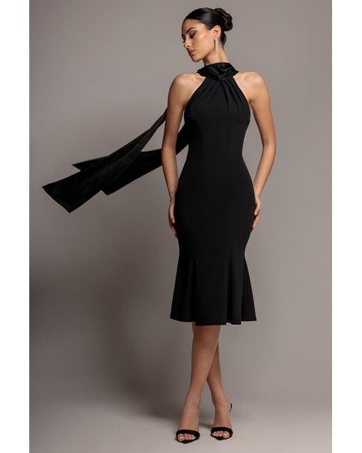 Goddiva Black Scuba & Soft Satin Halterneck Midi Dress With Back Sash