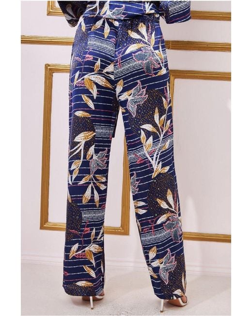 Goddiva Blue Printed Satin Wide Leg Trouser