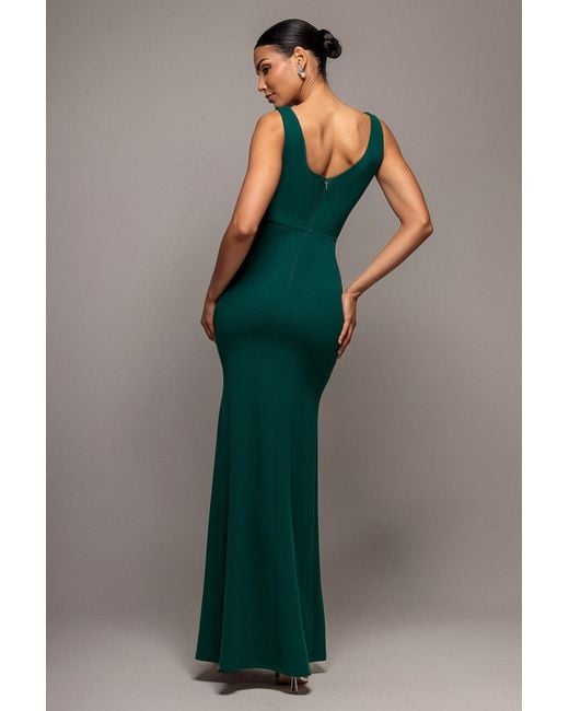 Goddiva Blue Diamante Brooch Thigh Split Mermaid Maxi Dress