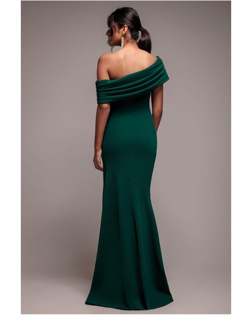 Goddiva Green Pleated One Shoulder Bardot Fit And Flare Maxi Dress