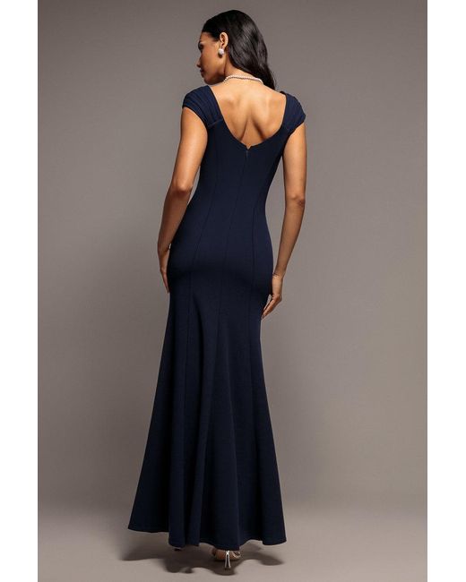 Goddiva Blue Capped Sleeve V Neck Pleated Fit & Flare Maxi Dress