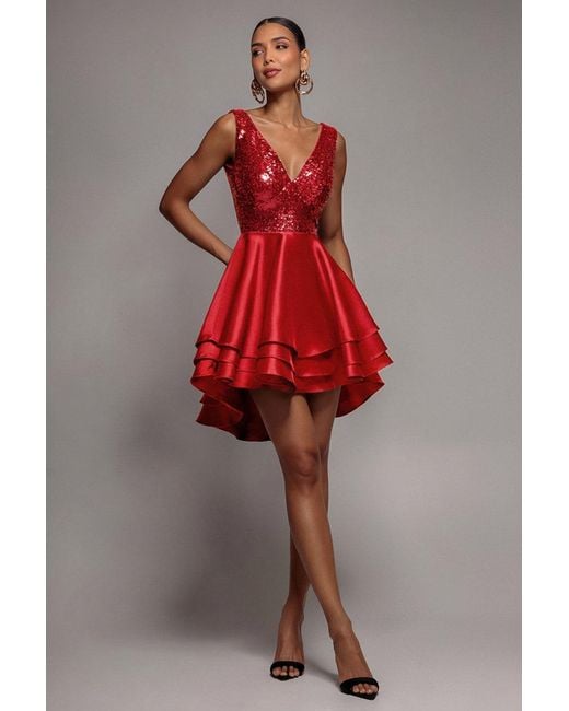 Goddiva Sequin And Satin Tiered Hi-Low Mini Skater Dress