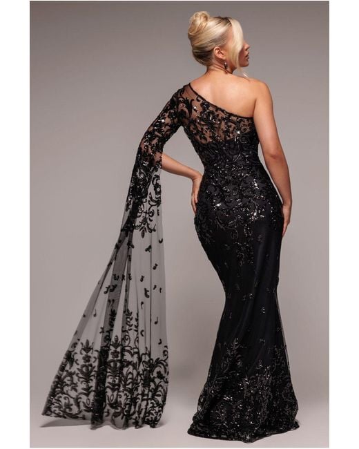 Goddiva Black Sequin Mesh One Shoulder Evening Maxi