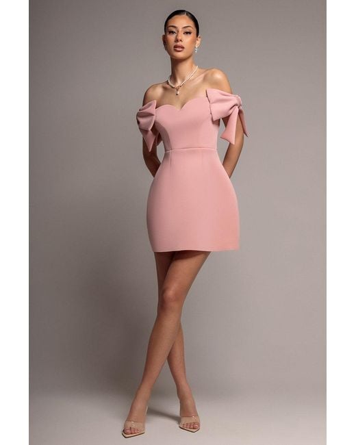 Goddiva Gray Bardot Plunge Neck Bow Sleeve Skater Mini Dress