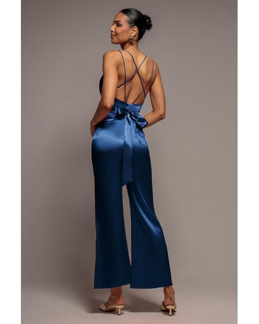 Goddiva Blue Satin Cowl Neck Romper