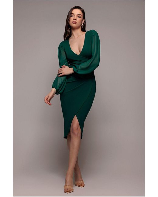 Goddiva Green Scuba & Chiffon Balloon Sleeve Wrap Midi Dress