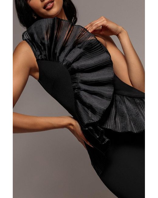 Goddiva Blue One Shoulder Pleated Fan Maxi