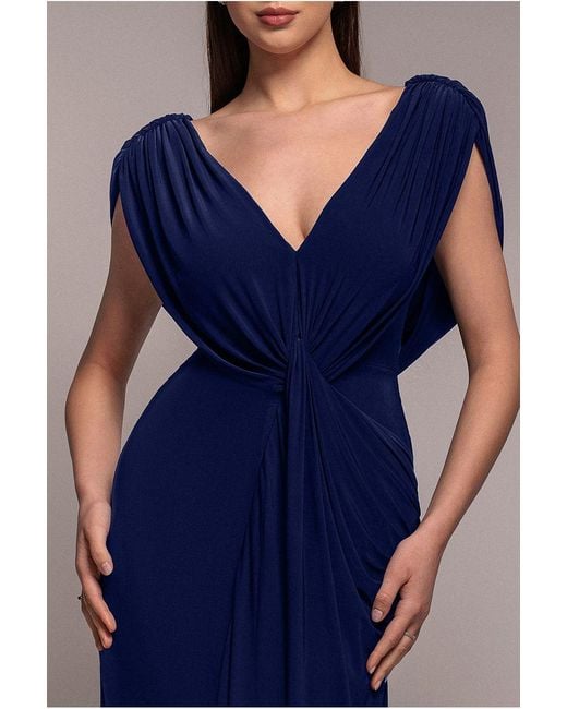Goddiva Blue Cowl Plunge Draped Mermaid Maxi Dress