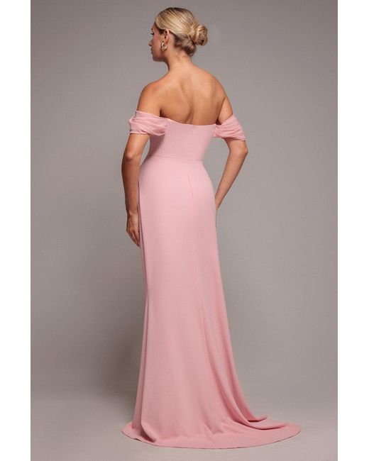 Goddiva Pink Off The Shoulder Draped Sleeve Maxi Dress With Diamante Neckline