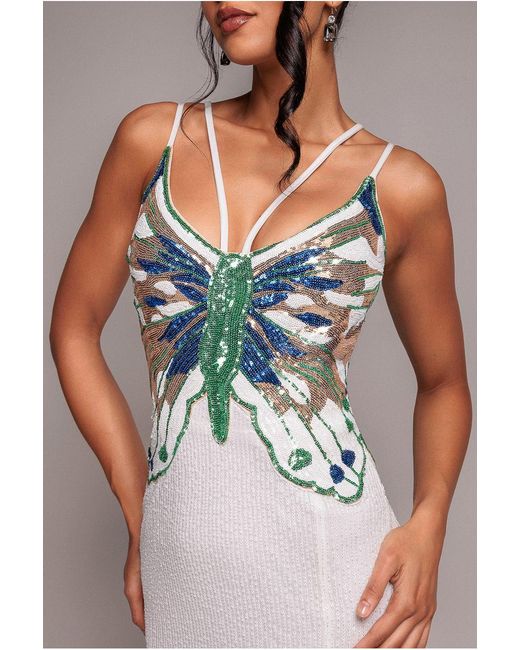 Goddiva Natural Sequin Butterfly Front Split Maxi Dress