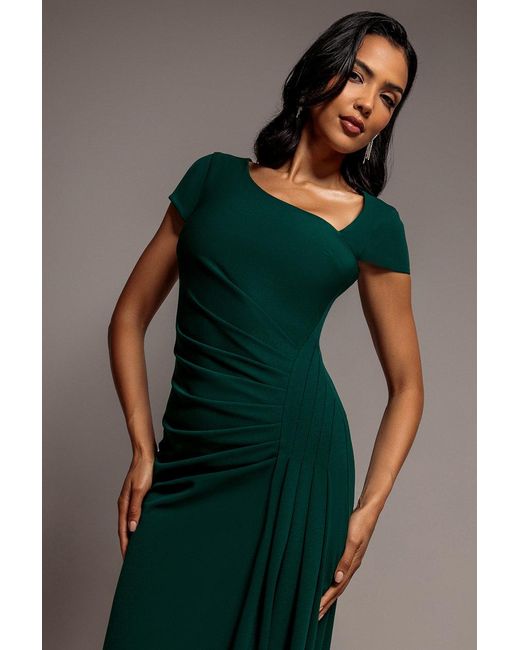 Goddiva Green Cap Sleeve Pleated Asymmetric Maxi Dress