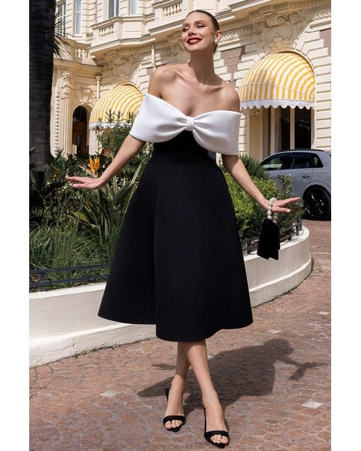 Goddiva Black Bow Off The Shoulder A Line Midi Dress