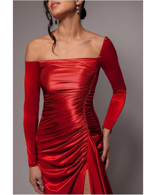 Goddiva Red Slinky Satin One Shoulder Split Maxi Dress
