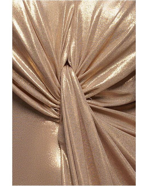 Goddiva Gray Cowl Plunge Draped Foil Maxi Dress