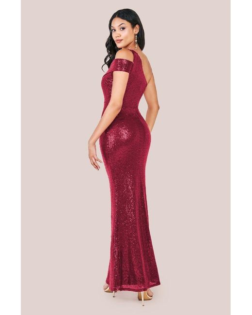Goddiva Red One Shoulder Sequin Evening Maxi