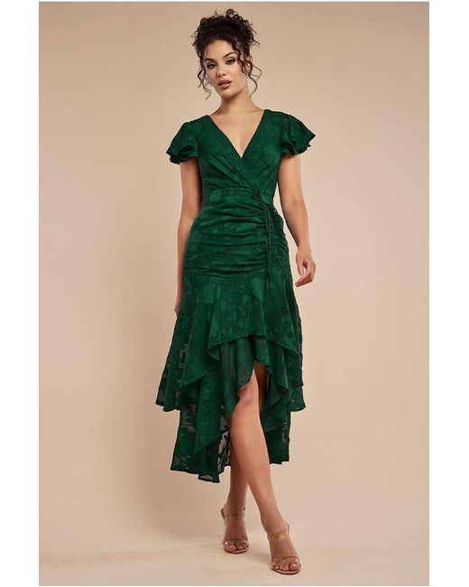 Goddiva Women's Green Jacquard Chiffon Wrap High Low Midaxi Dress