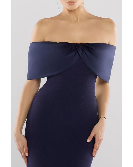 Goddiva Blue Twist Knot Satin & Scuba Bardot High Low Midi Dress